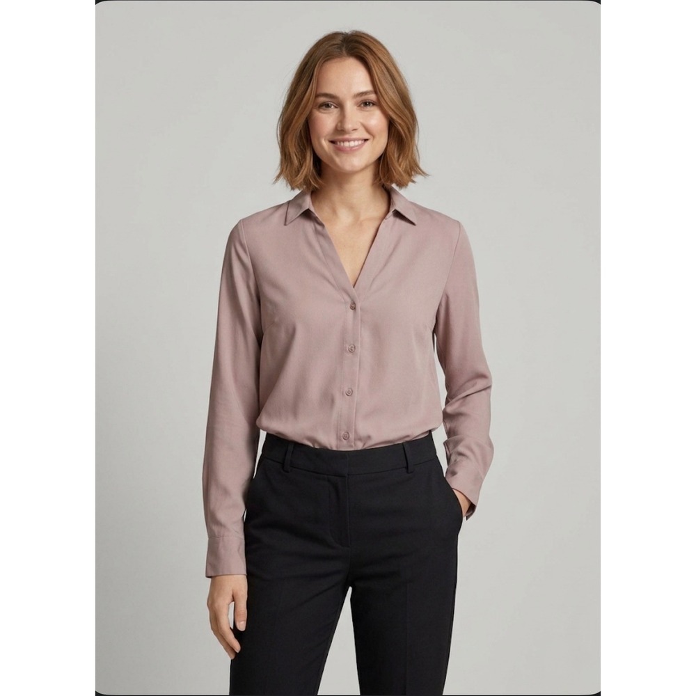 HM Womens Dusty Rose Mauve Long Sleeve V-Neck Button Down Blouse Top Size 4